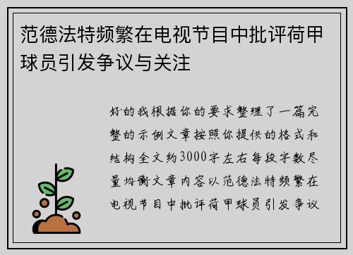 范德法特频繁在电视节目中批评荷甲球员引发争议与关注