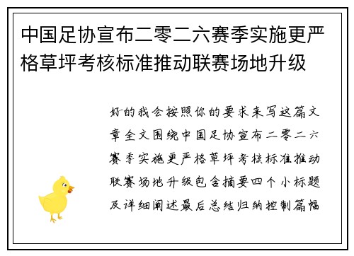 中国足协宣布二零二六赛季实施更严格草坪考核标准推动联赛场地升级