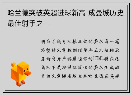 哈兰德突破英超进球新高 成曼城历史最佳射手之一